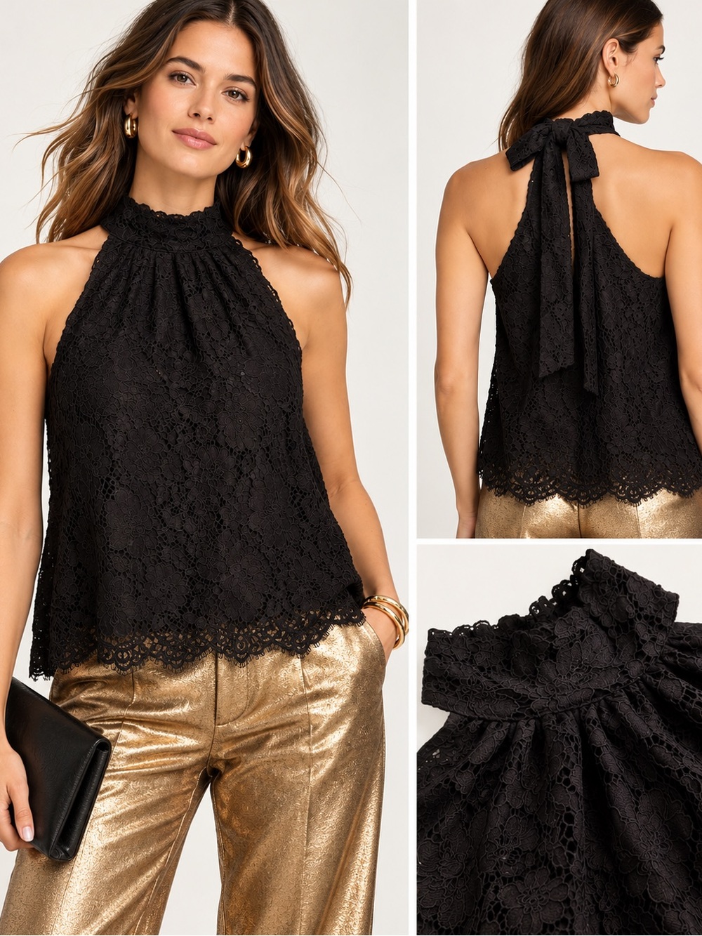 J.Crew Black Floral Lace Halter Tie Neck Blouse Top Size Large L